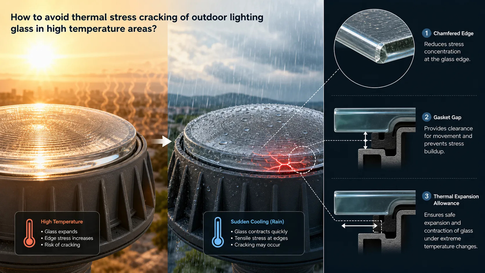 How to avoid thermal stress cracking of outdoor lighting glass in high temperature areas?