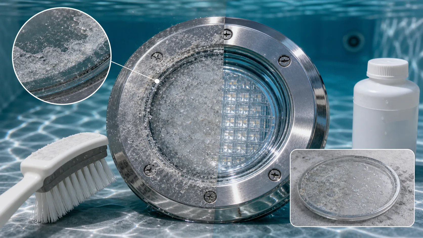 How to clean and prevent scale on the surface of underwater luminaire glass?