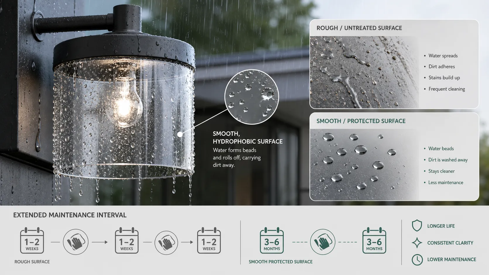 How to reduce dirt adhesion and cleaning frequency for outdoor glass shades?