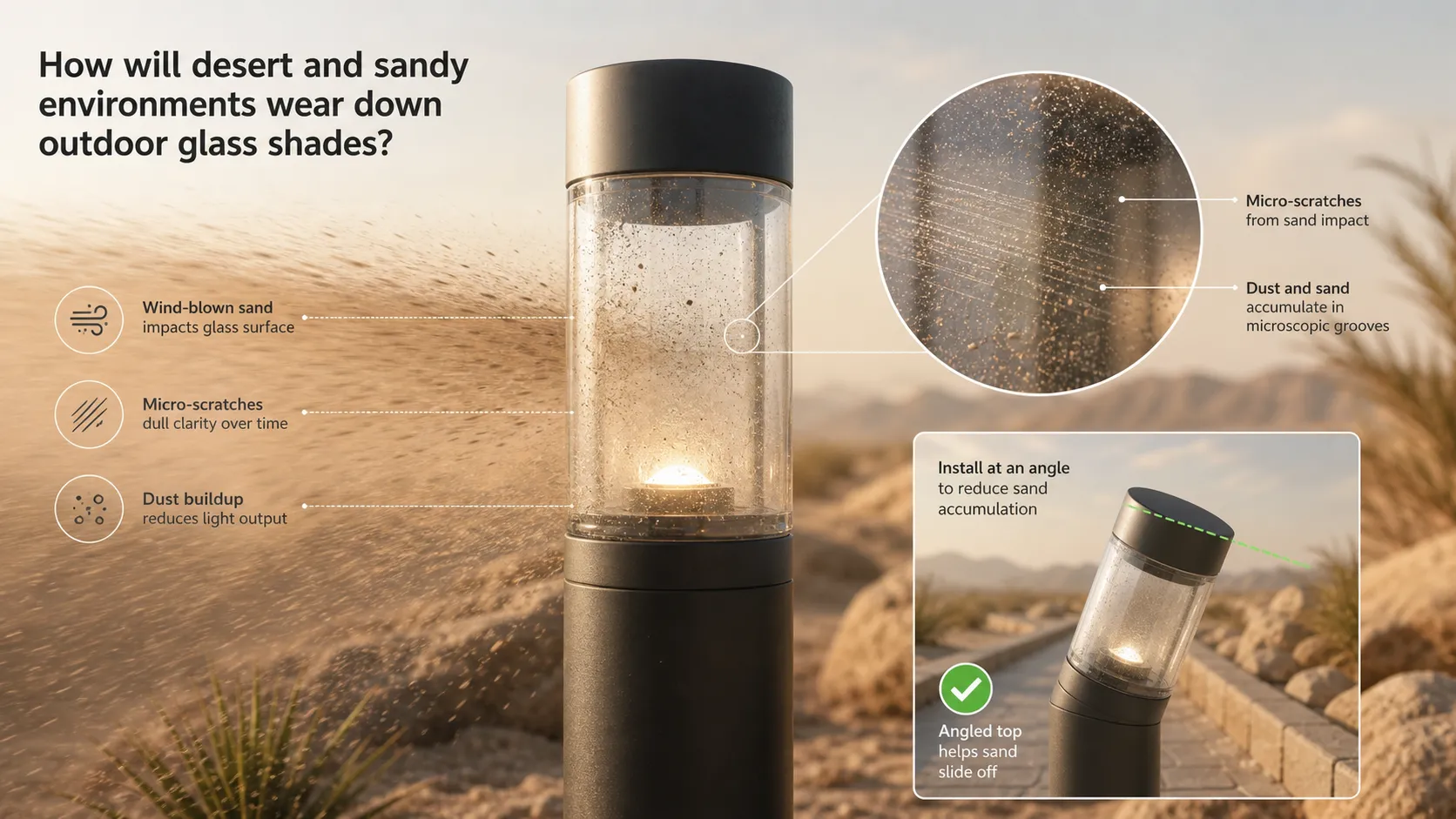 How will desert and sandy environments wear down outdoor glass shades?