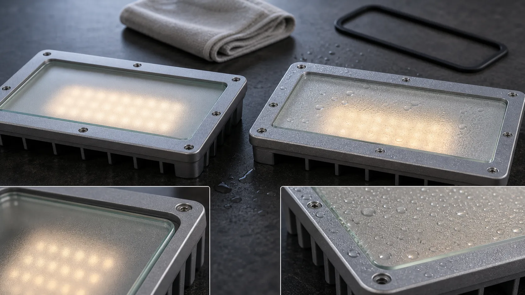 What is the difference between internal sandblasting and external sandblasting on the light efficiency and cleaning maintenance of outdoor lighting fixtures?