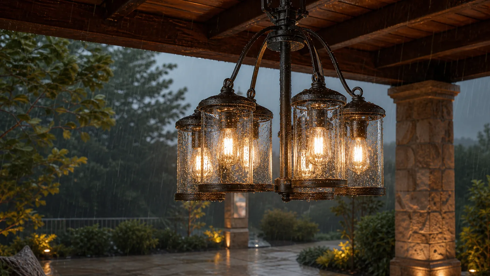 How does the glass cover of an outdoor chandelier cope with wind swaying and temperature changes?