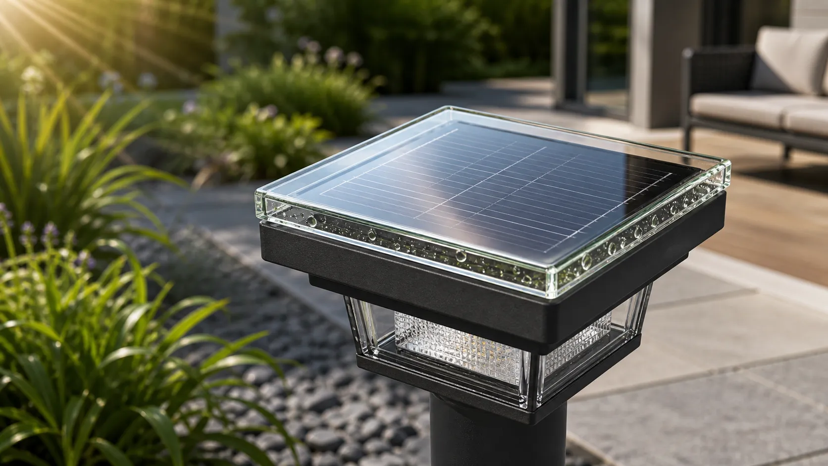 How does the glass cover of solar outdoor lights improve photovoltaic light input efficiency?