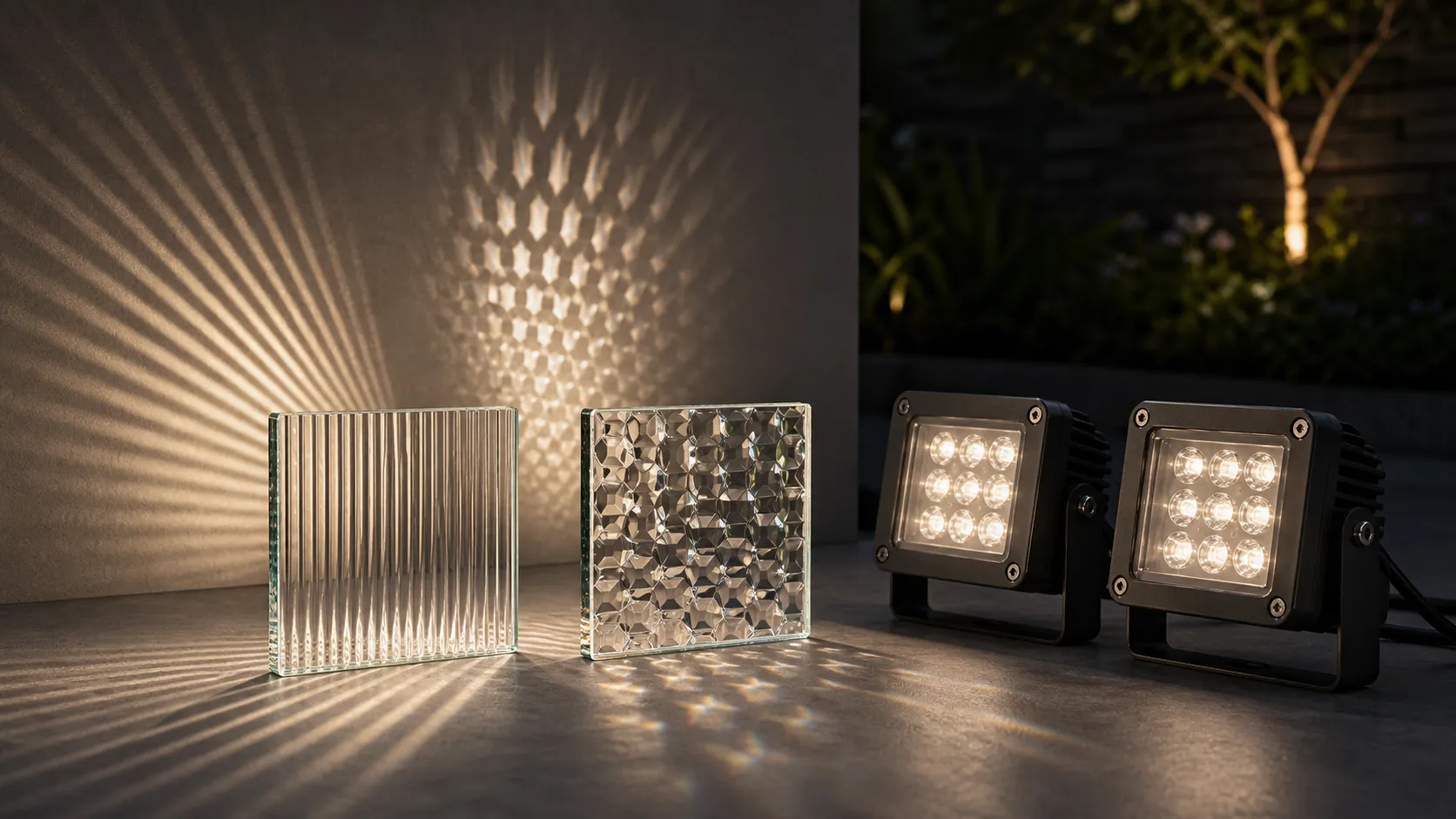 How do striped and patterned glass change the direction of light from outdoor lighting fixtures?