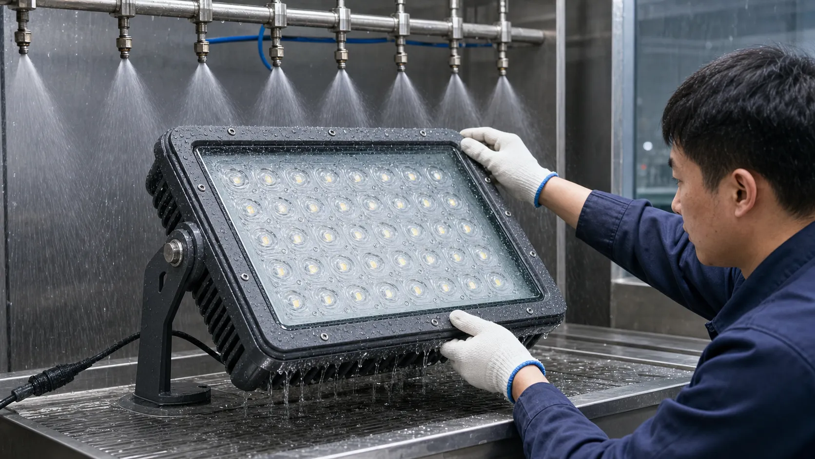 Do outdoor glass components need to be tested for waterproof assembly in conjunction with the luminaire body?