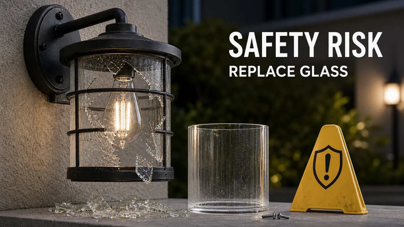What are the safety risks if an outdoor glass shade breaks?