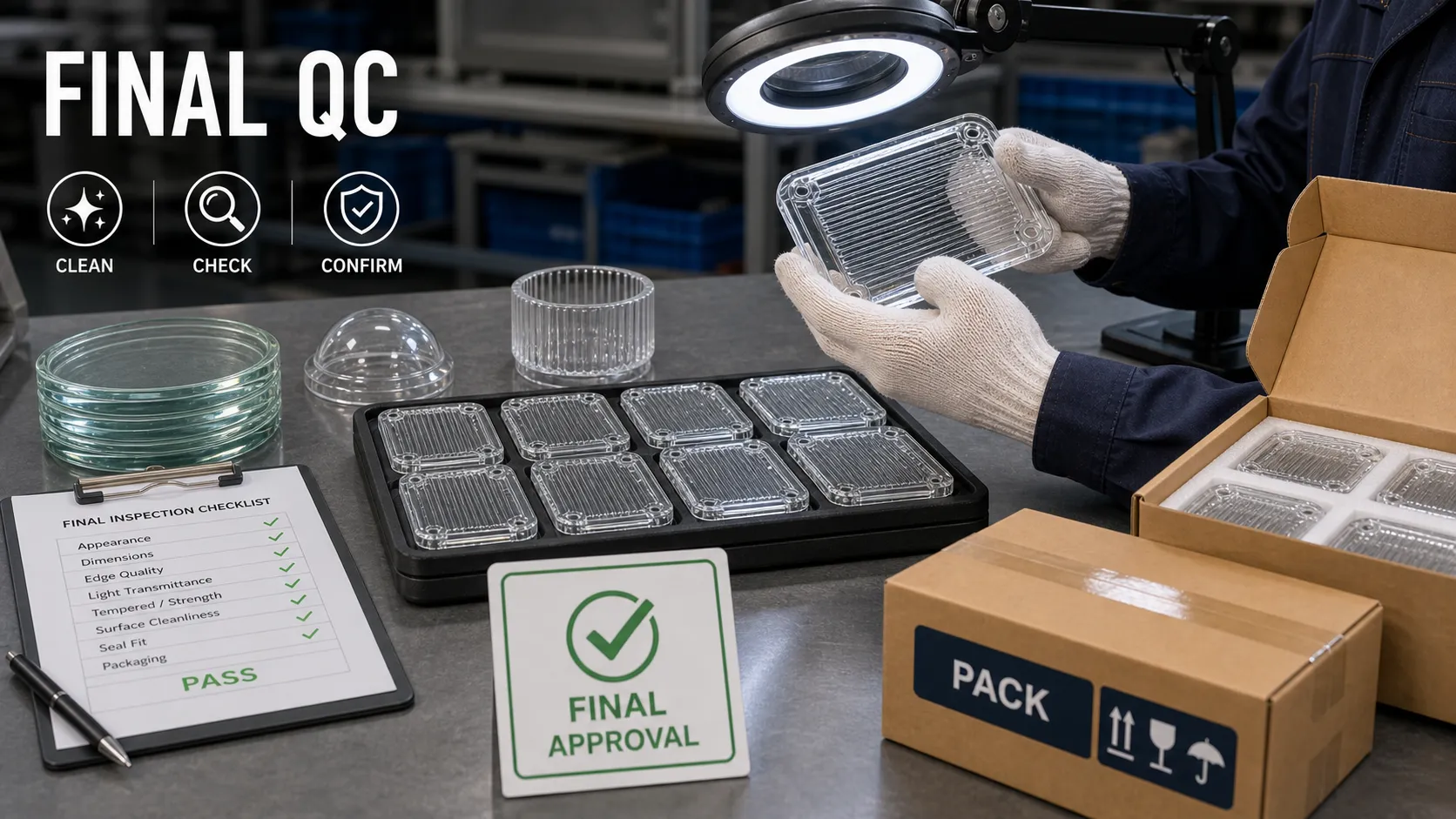 What final inspections are required on glass components before shipment?