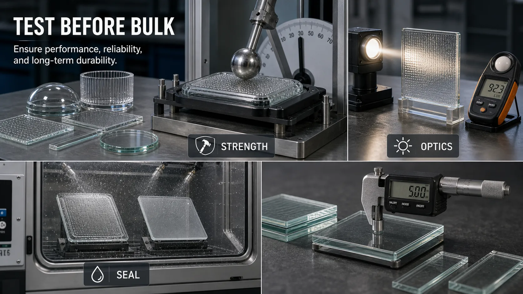 What glass properties should be tested before bulk purchasing?