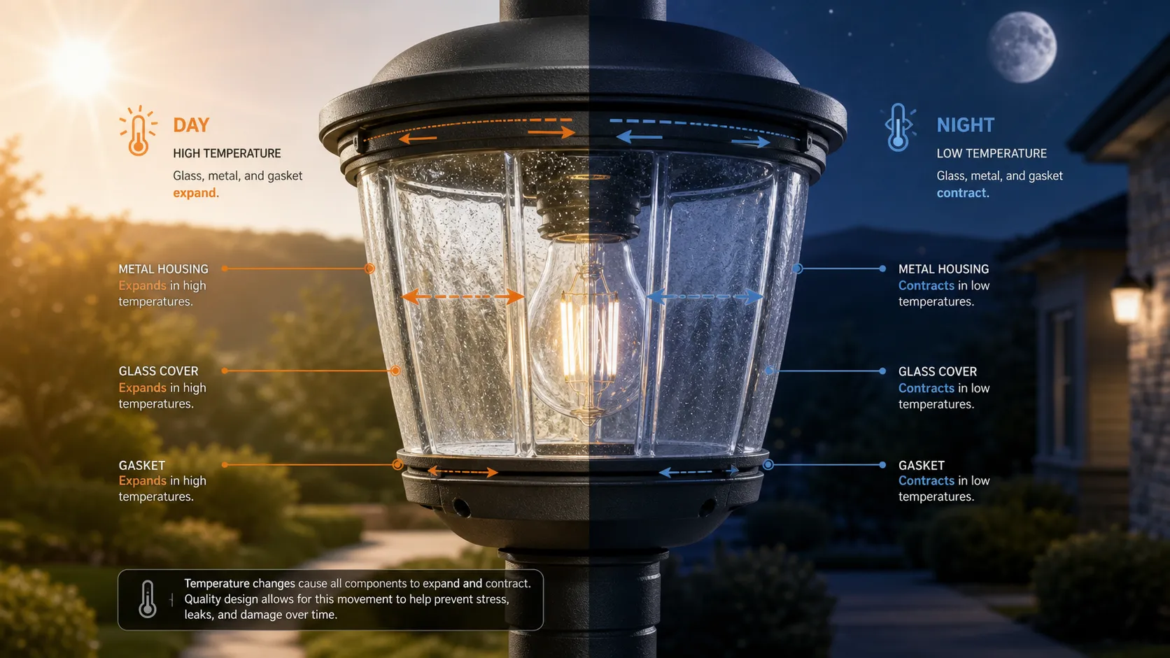 What impact will the temperature difference between day and night have on the glass of outdoor lighting fixtures?