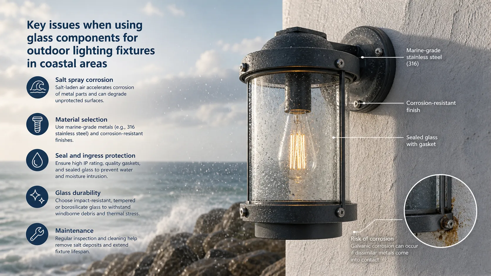 What issues should be paid attention to when using glass components for outdoor lighting fixtures in coastal areas?