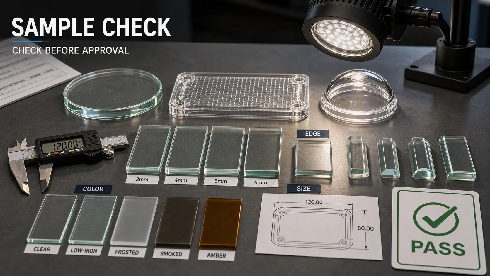 What items should be checked when confirming glass samples?