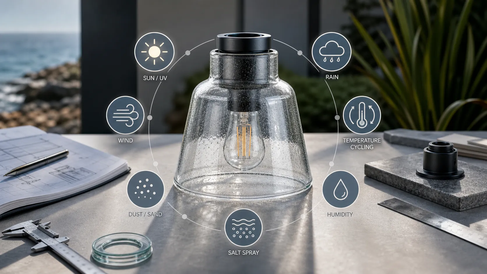What weather resistance factors should be considered for outdoor glass shades?