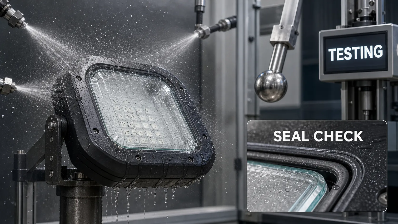 When doing IEC/UL testing of outdoor lighting fixtures, what results do the glass cover and sealing structure usually affect?