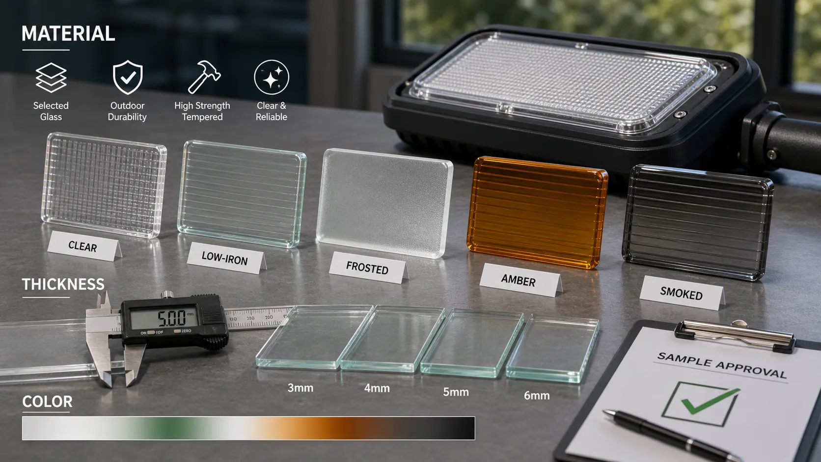 When purchasing glass for outdoor lighting fixtures, how should the material, thickness and color be confirmed on samples?