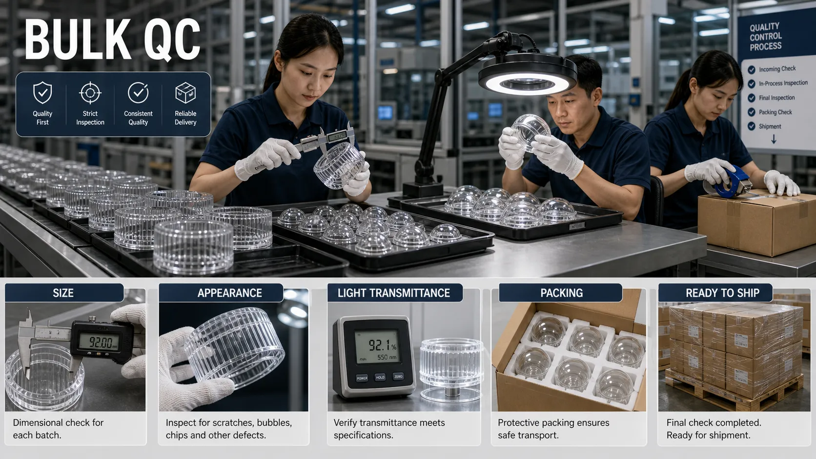 When purchasing outdoor lighting glass components in bulk, what aspects should the quality control process cover?