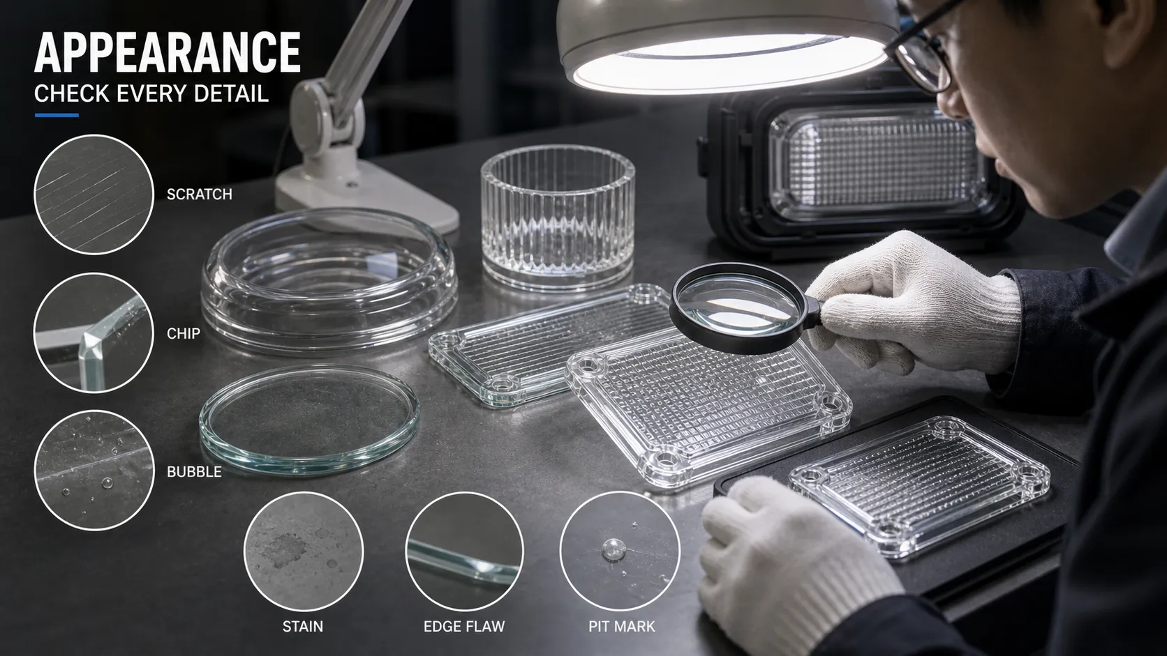 Which defects should be checked during glass appearance inspection?
