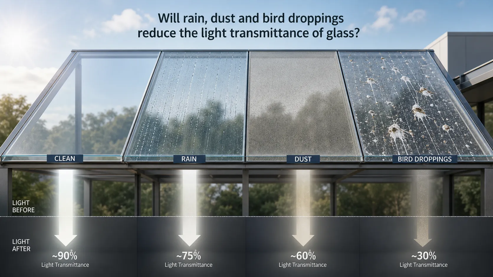 Will rain, dust and bird droppings reduce the light transmittance of glass?