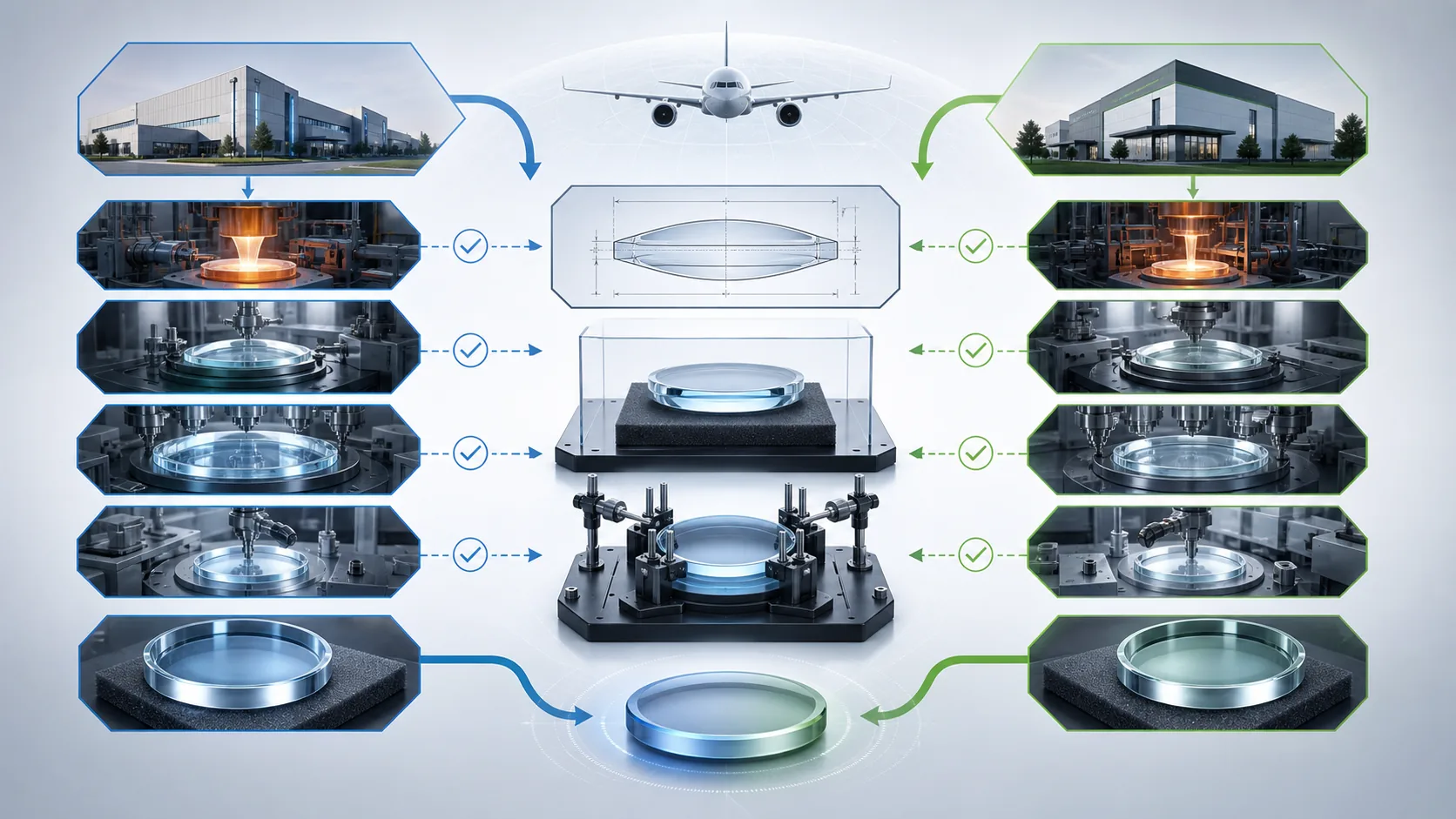 Two independent aerospace glass production routes compared through one controlled drawing, master sample and metrology fixture