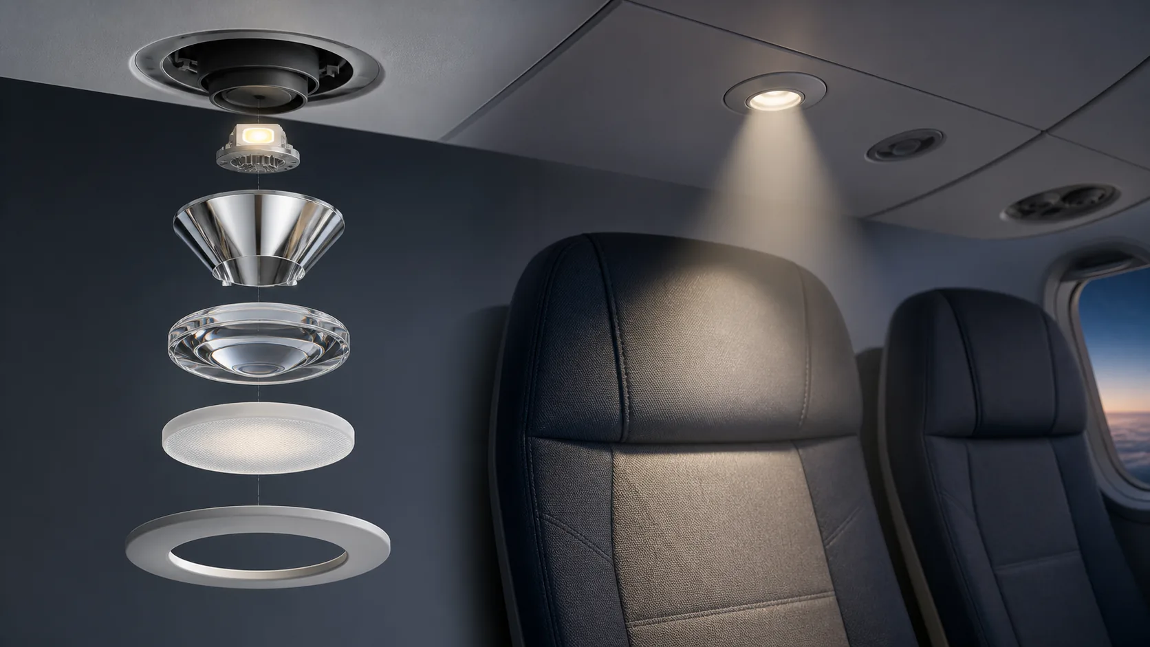 Exploded aircraft reading-light module with LED, reflector, glass lens, diffuser and controlled seat-level beam