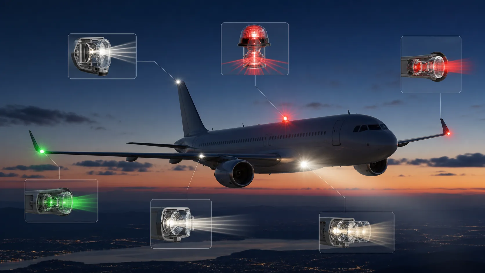 Civil aircraft showing navigation, anti-collision, landing and inspection lighting with related optical components