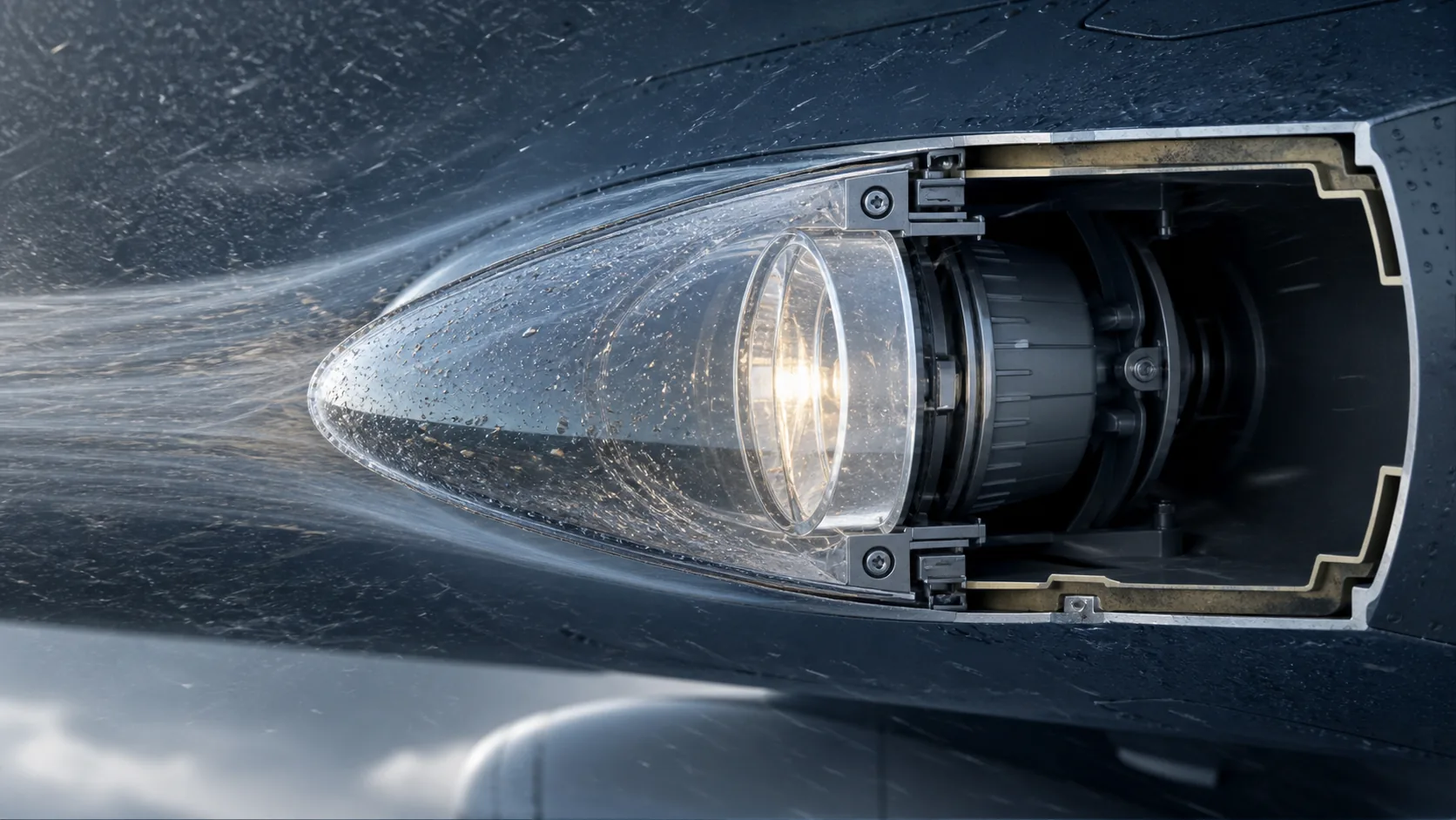 Cutaway aircraft landing-light cover exposed to rain and fine-particle erosion with the protected lamp behind it