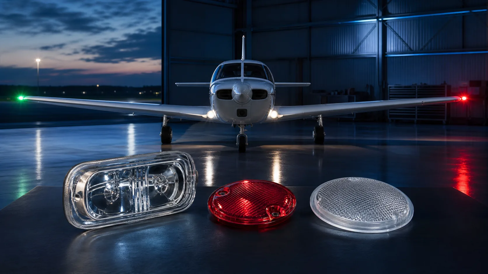 Civil aircraft with correctly separated red and green navigation lights plus landing, signal and cabin lighting glass components