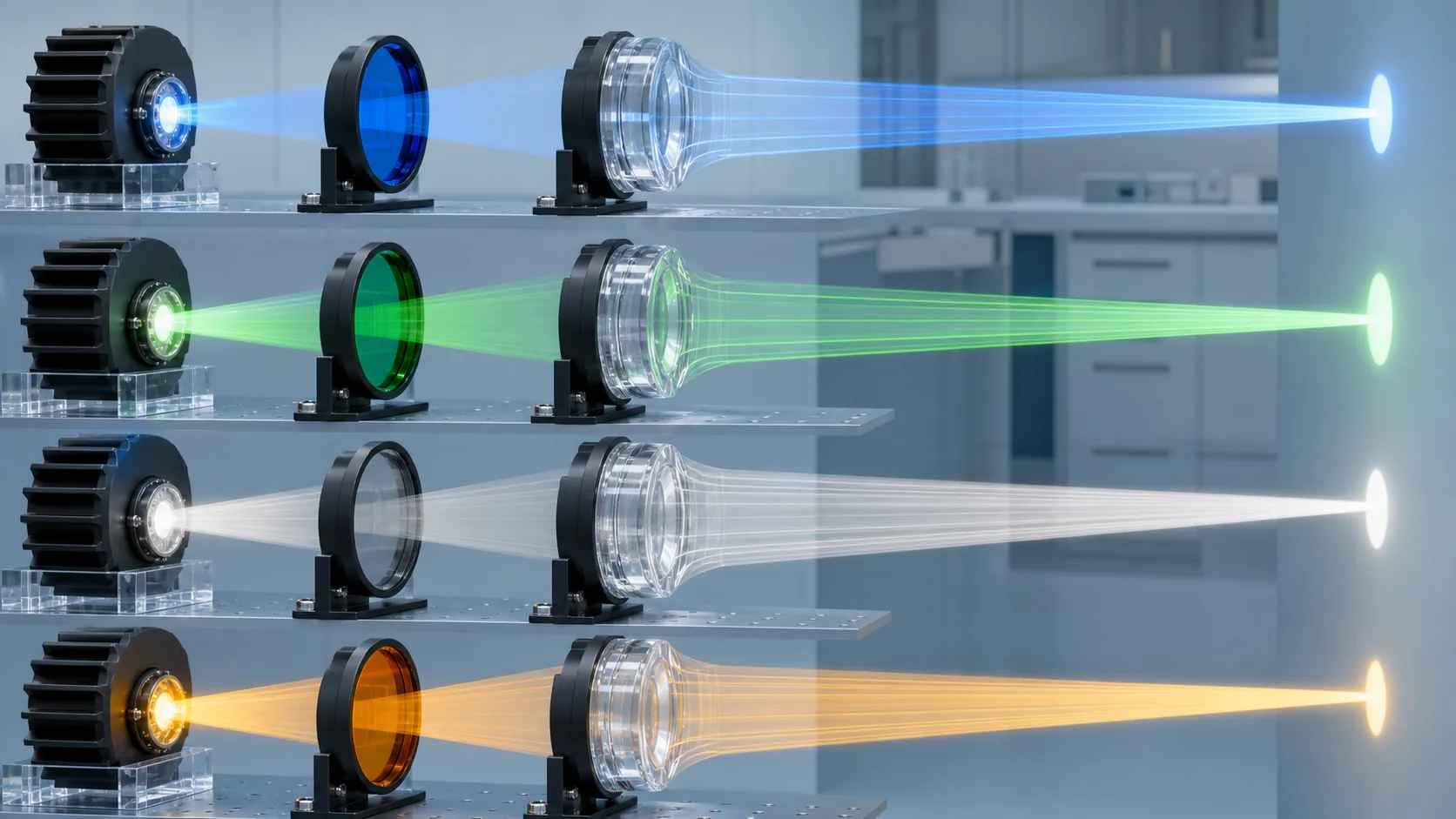 Blue, green, white and amber airfield optical chains showing LED source, filtering optics and controlled output beams