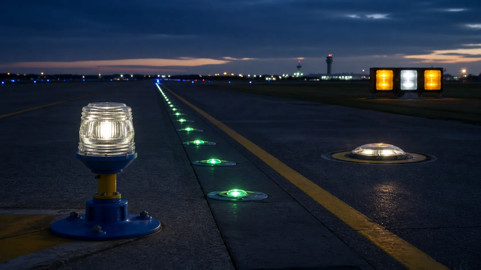 Airfield scene with elevated lighting, in-pavement directional lights and other civil airport visual aids