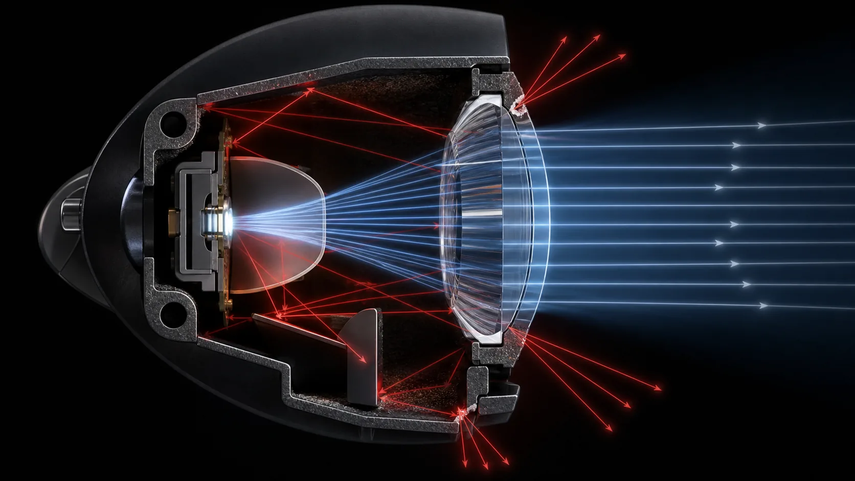Cutaway aviation light with intended output rays and unwanted reflections from an edge defect, housing wall and incomplete baffle