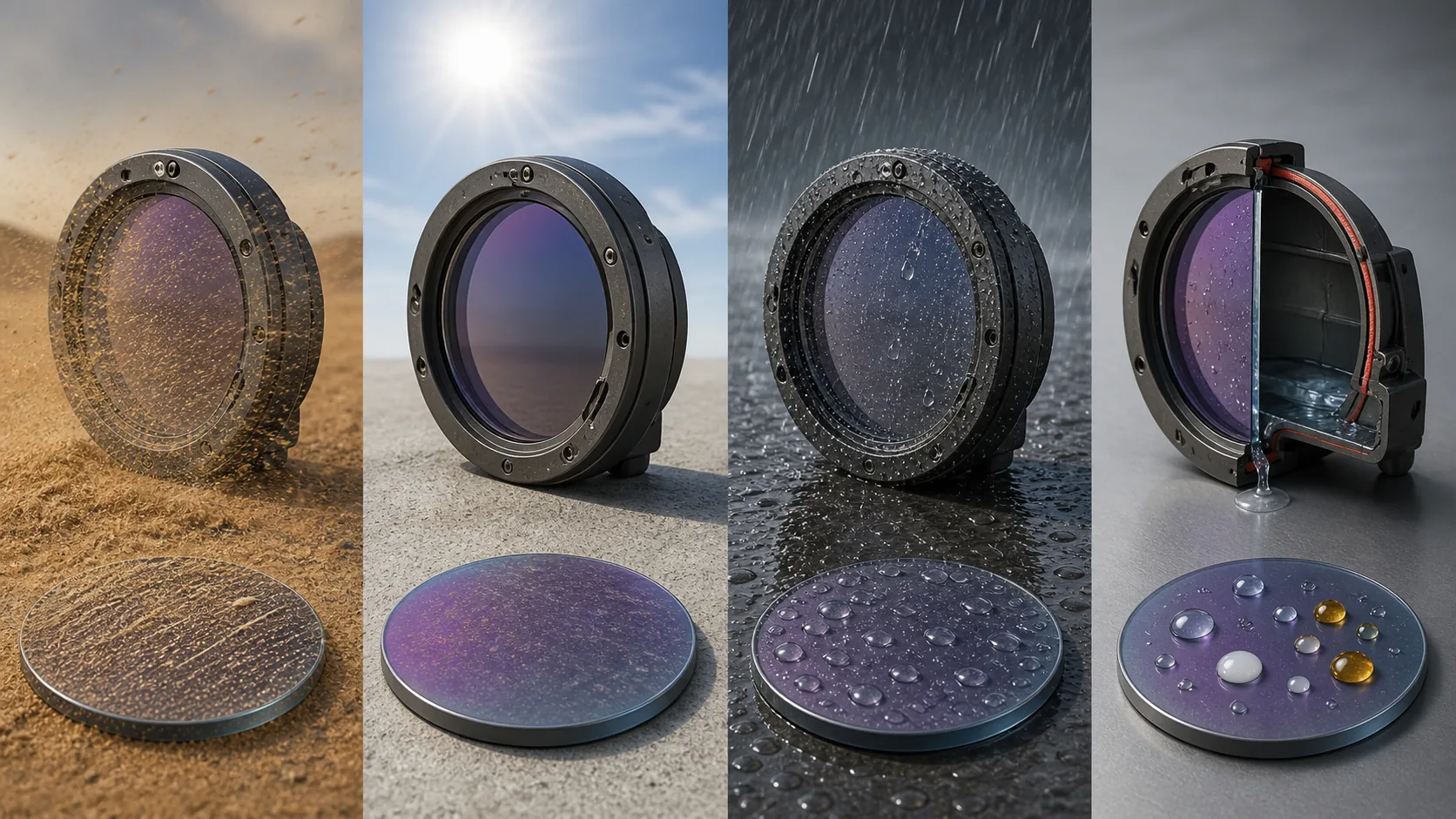Same aviation glass optic compared under sand abrasion, ultraviolet weathering, driving rain and chemical exposure