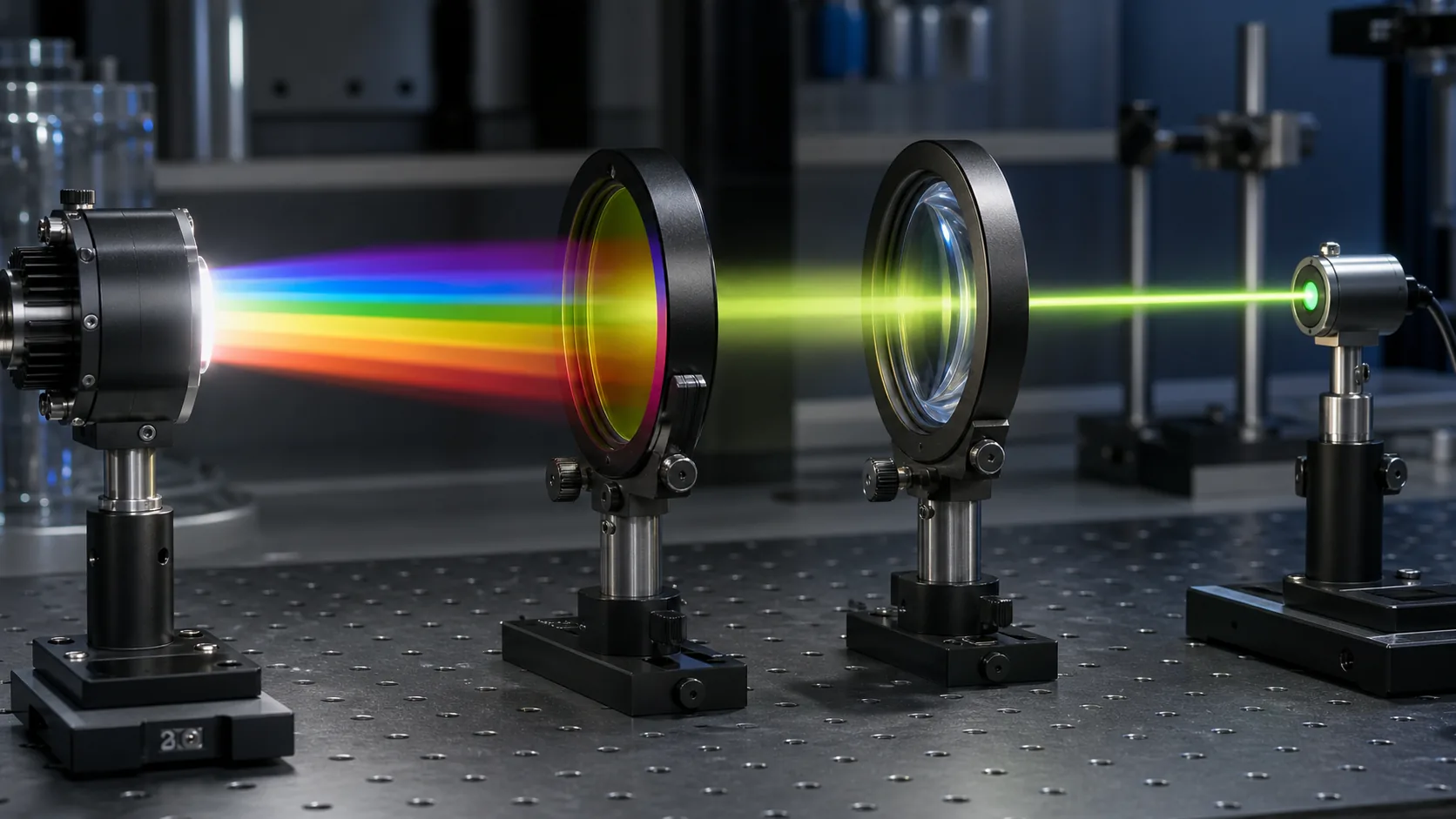 Optical bench showing LED spectral bands passing through colored glass and a precision lens to form a controlled signal beam