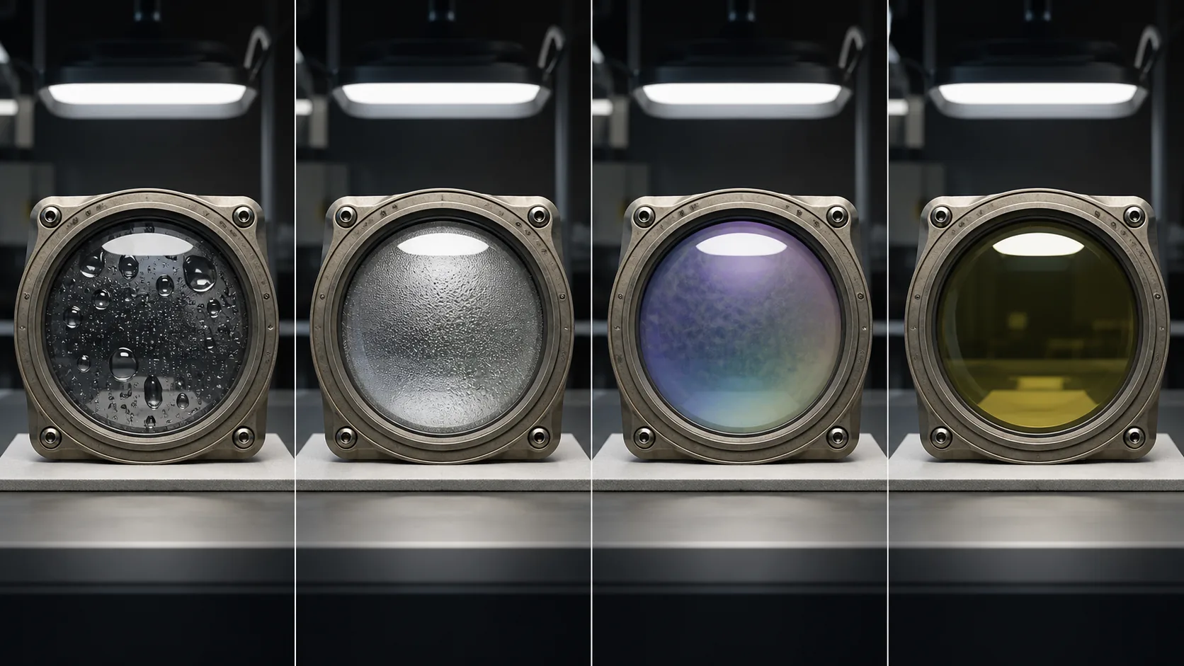 Four aviation lens specimens comparing external dew, internal condensation, coating haze and apparent color shift