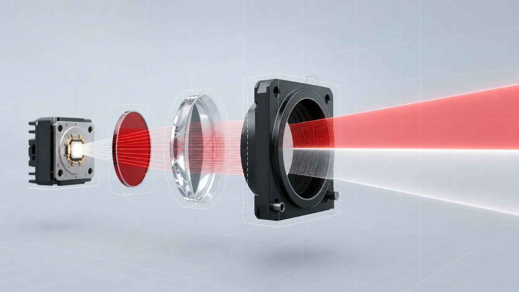 Exploded LED source, red filter, precision lens and mounting assembly producing a controlled red-white optical boundary