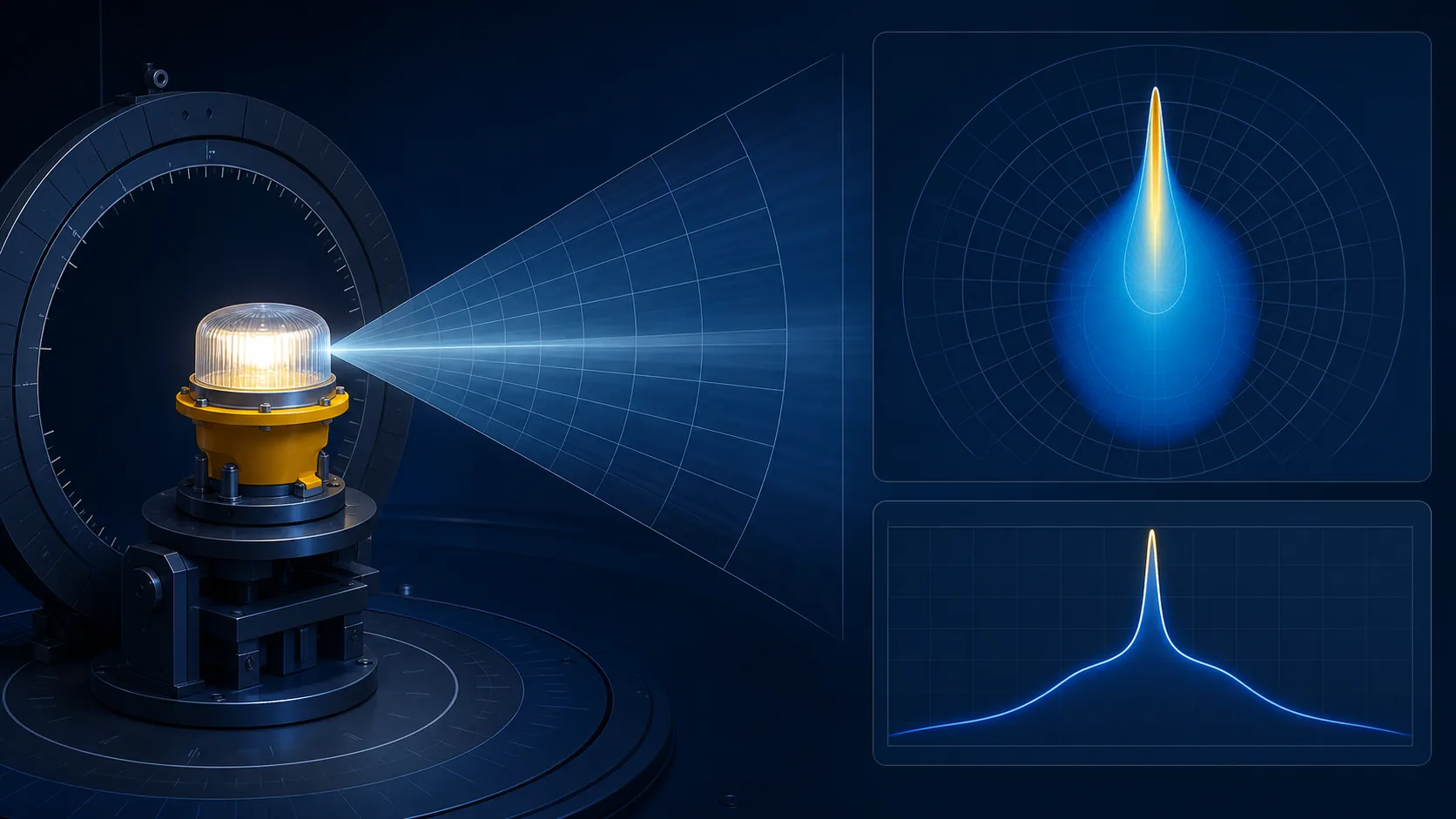 Airfield light on an angular photometric fixture with beam fan, measurement screen and unlabeled intensity distribution curves