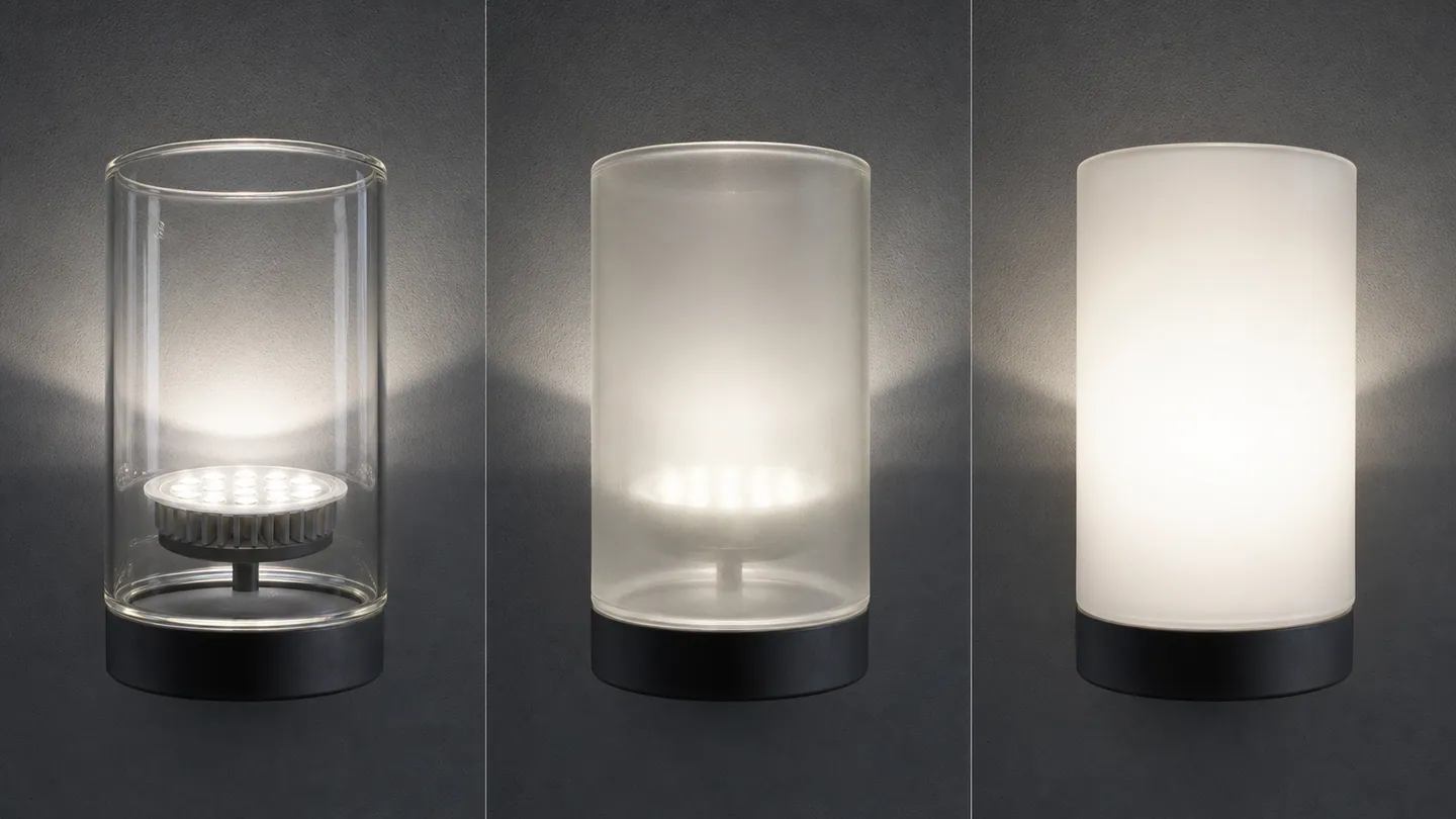 Matched illuminated comparison of clear glass, surface-frosted glass and opal glass