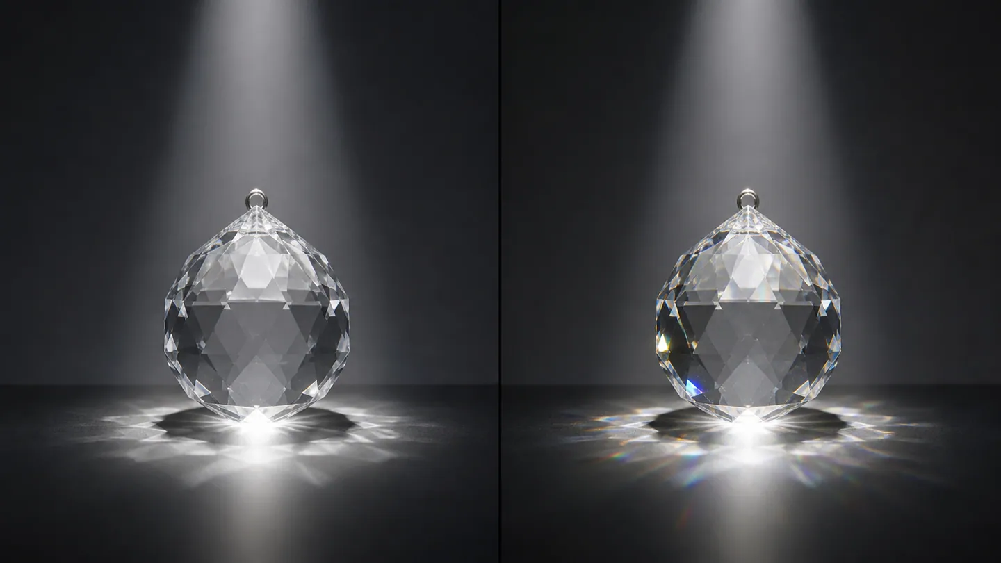 Faceted clear decorative glass and higher-refraction crystal-type glass under matched illumination