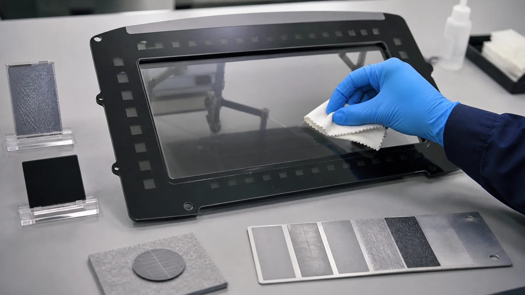 Controlled cleaning and durability inspection of a masked cockpit display cover at a laboratory workstation