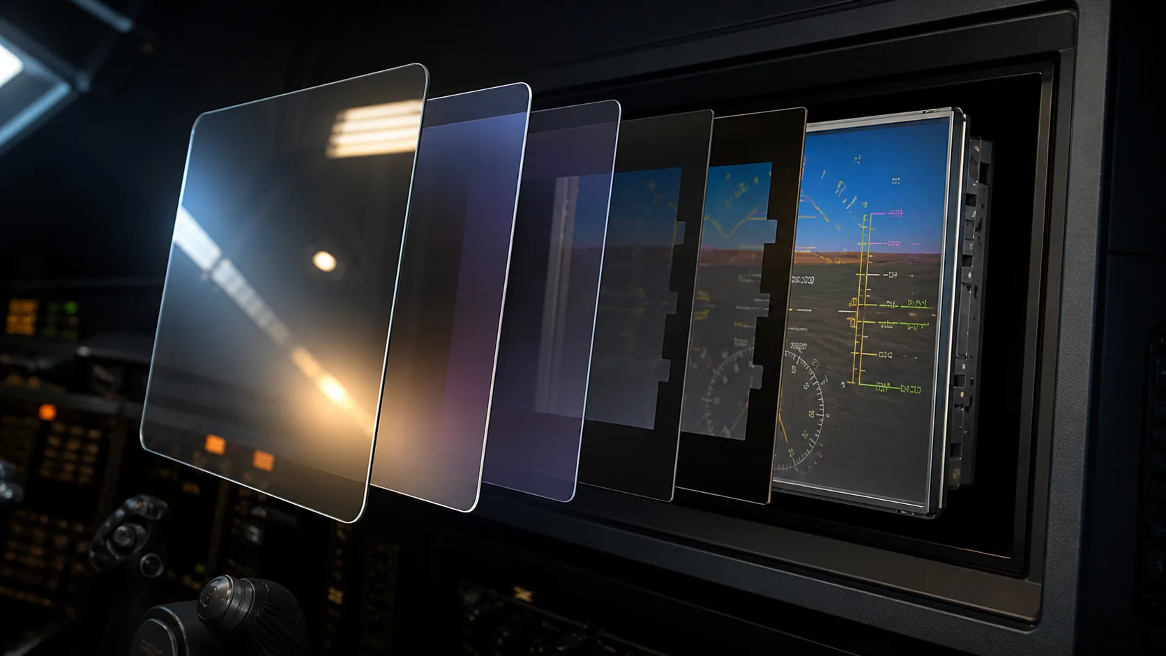 Layered cockpit display cover with protective glass, reflection-control surfaces, black mask and display panel