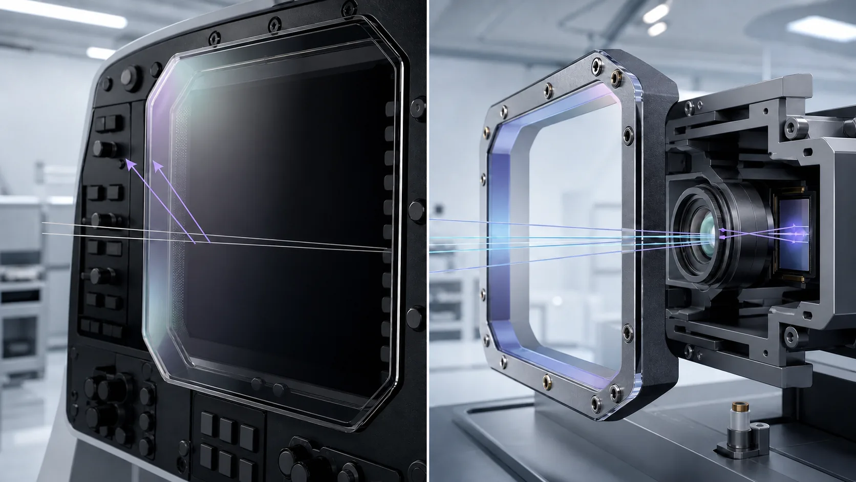 Comparison of an anti-reflective cockpit display cover and a precision optical sensor window