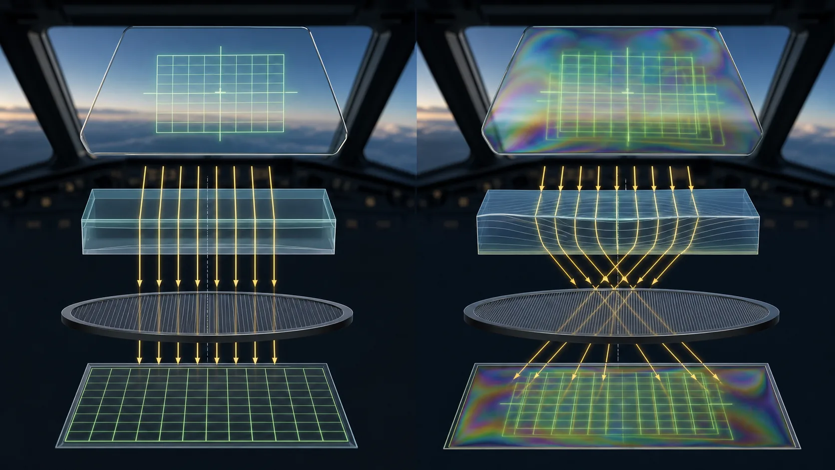 Comparison of straight display imagery through low-stress cockpit glass and distorted polarized imagery through stressed glass