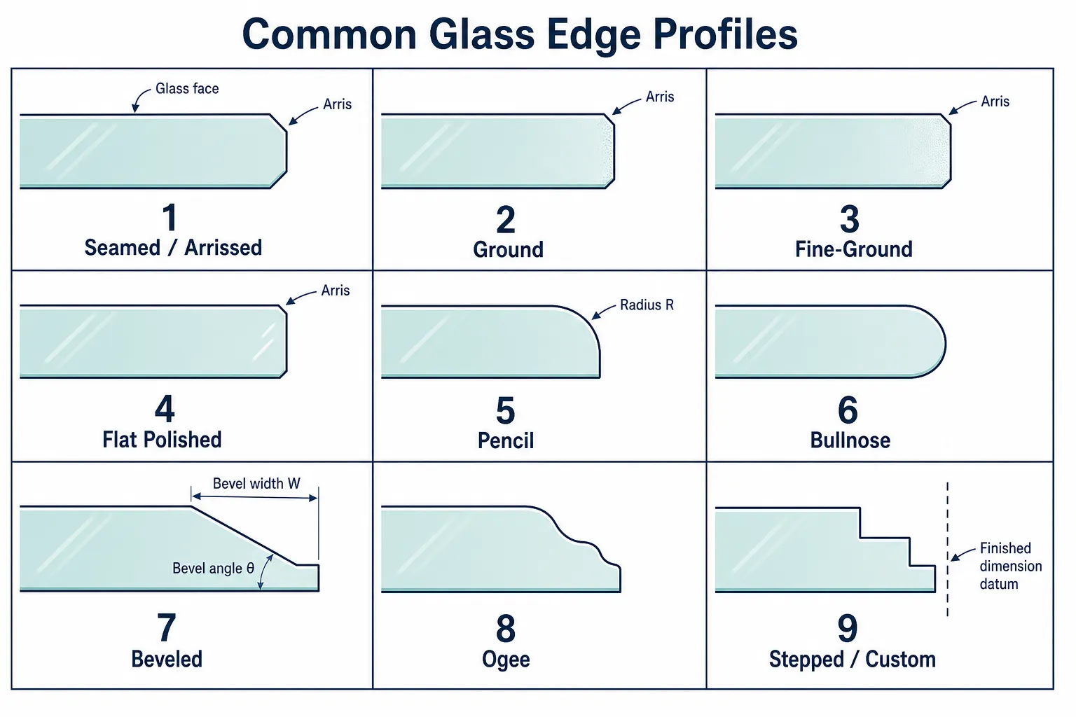 Technical cross-section chart of nine common glass edge profiles including seamed, ground, fine-ground, flat polished, pencil, bullnose, beveled, ogee, and stepped edges