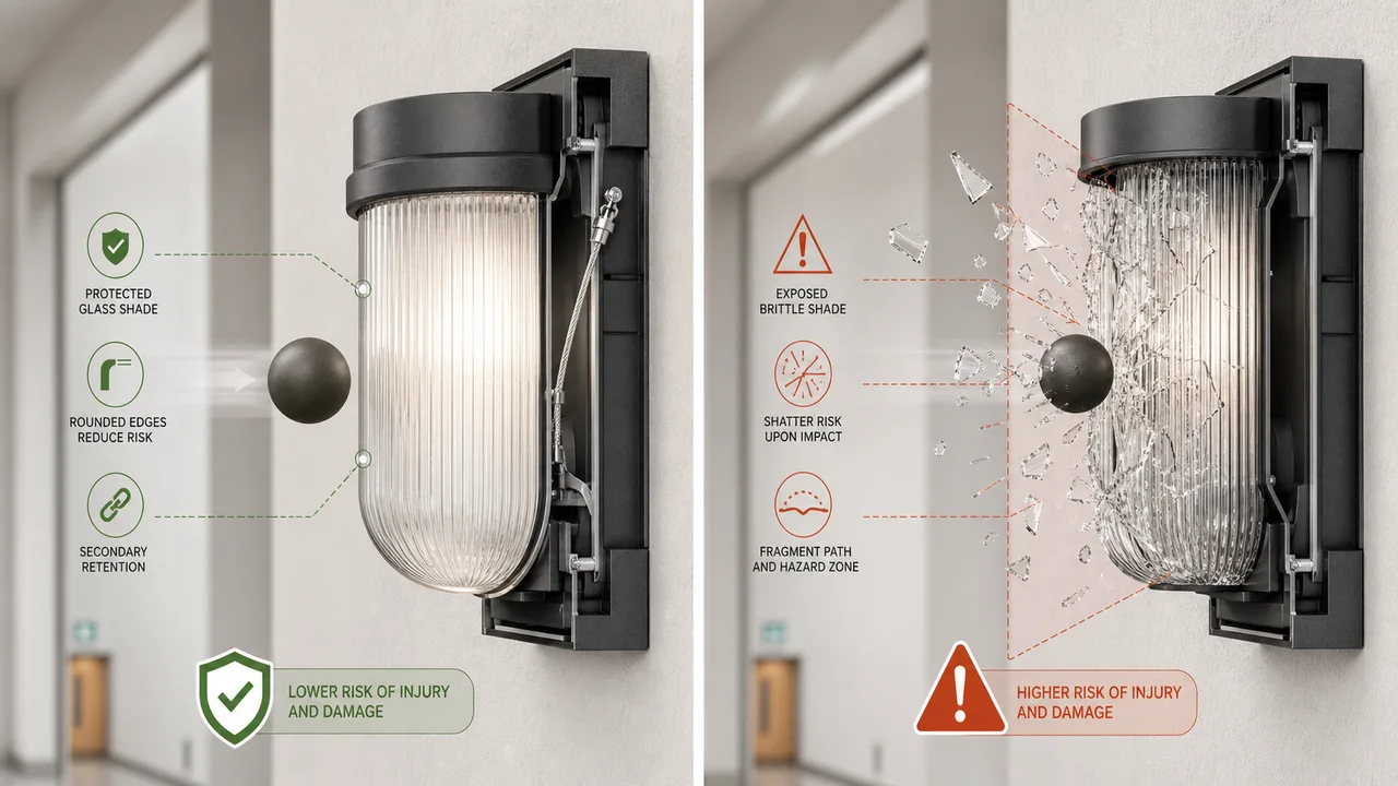 Impact and post-breakage risk assessment for corridor wall-lamp glass
