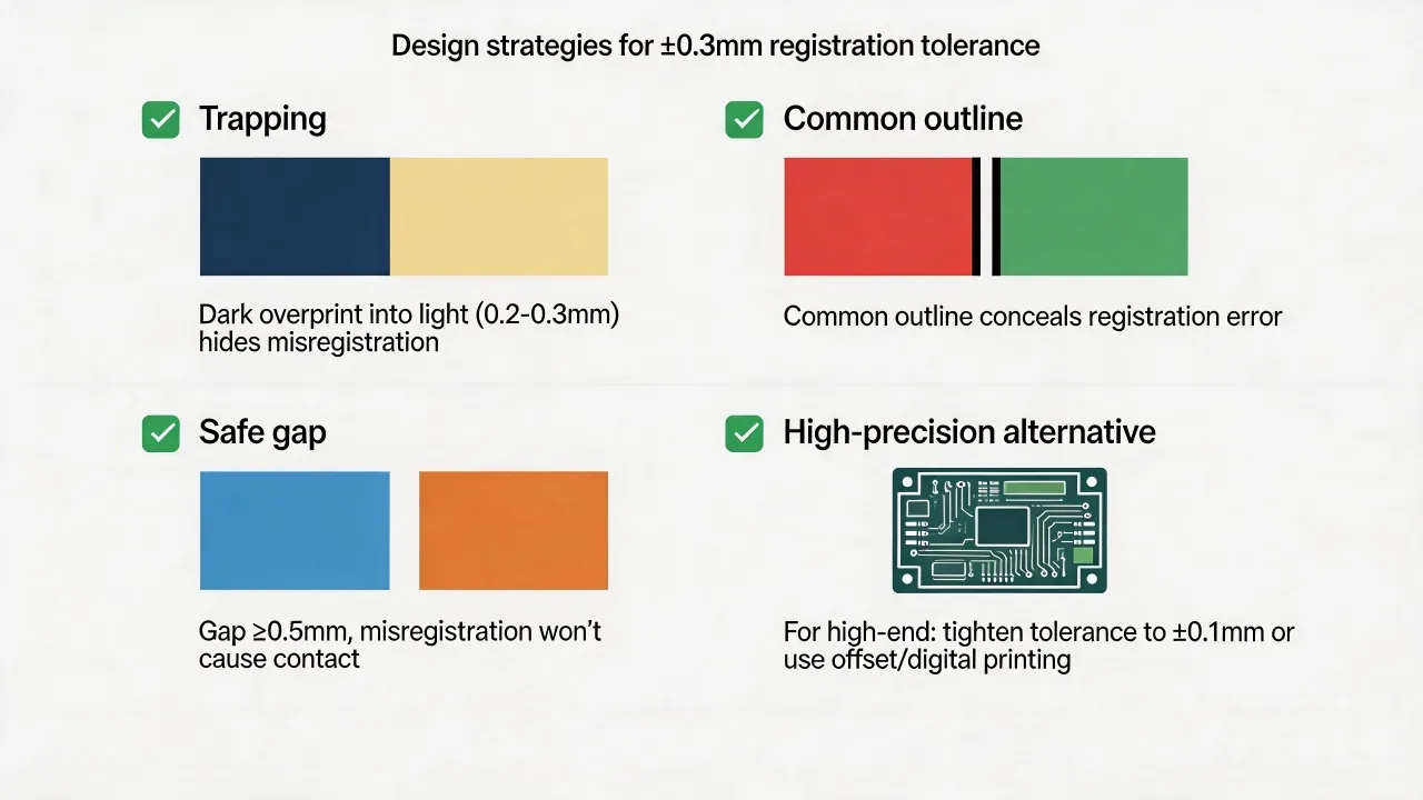 Artwork trap and choke strategies for reducing visible multi-color gaps.
