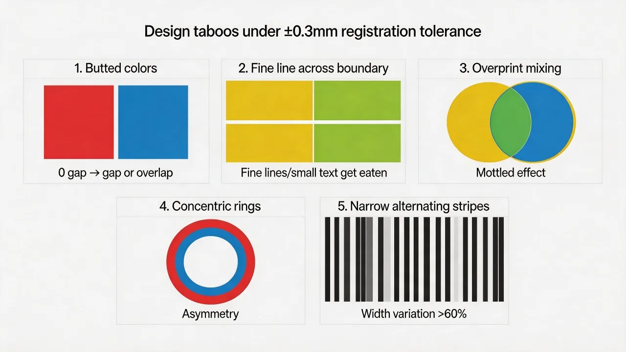 Registration stack-up: separate color-to-color variation from print-to-glass position.