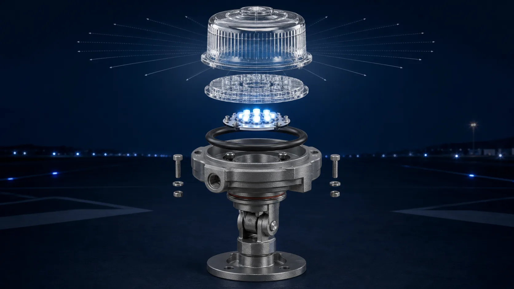 Exploded technical illustration of elevated airfield light glass, LED module, gasket, housing and frangible support
