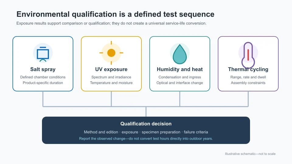Environmental qualification sequence combining salt spray, UV, humidity heat and thermal cycling