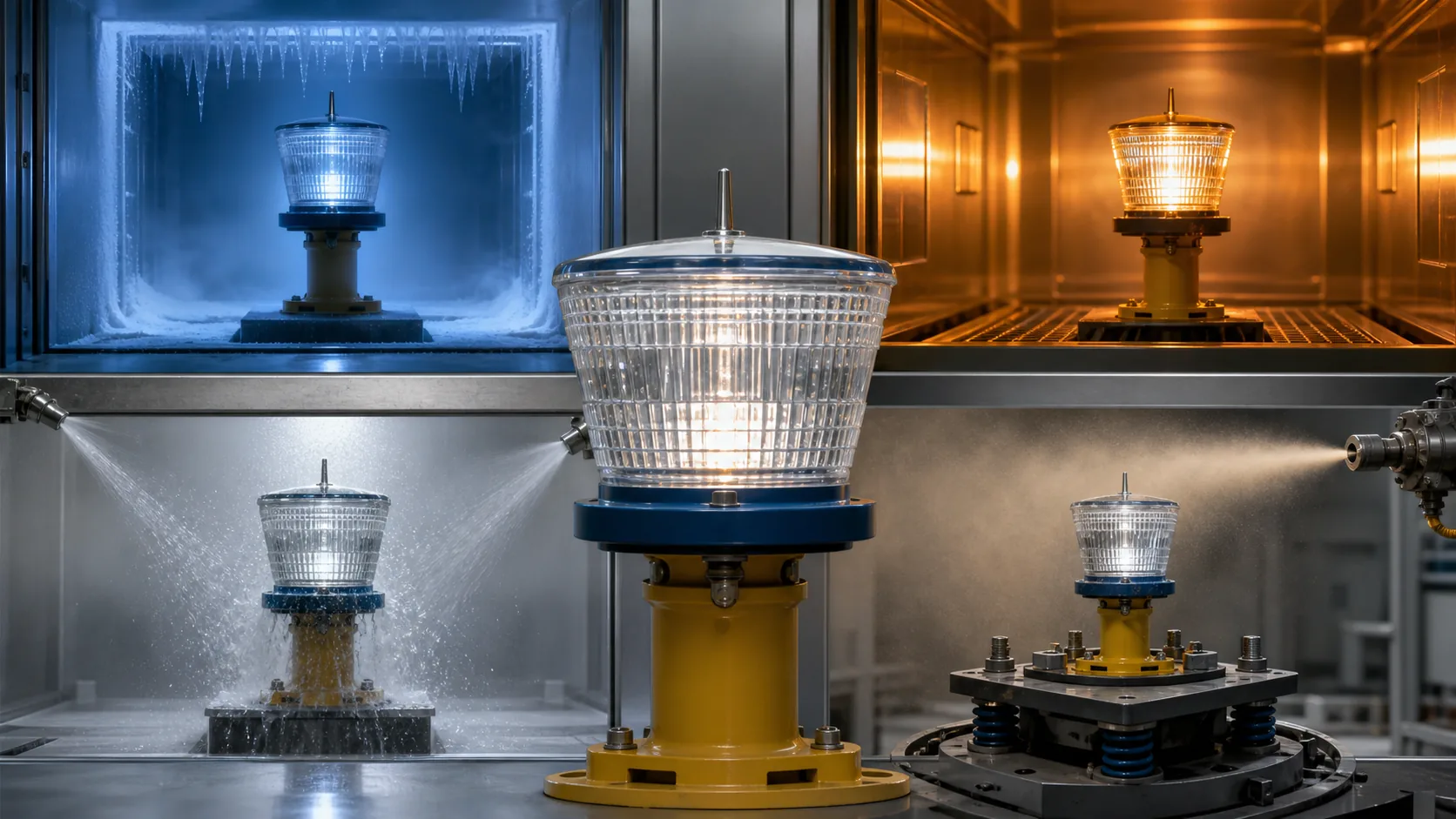Complete airfield light assembly shown across controlled cold, heat, water spray and vibration test zones