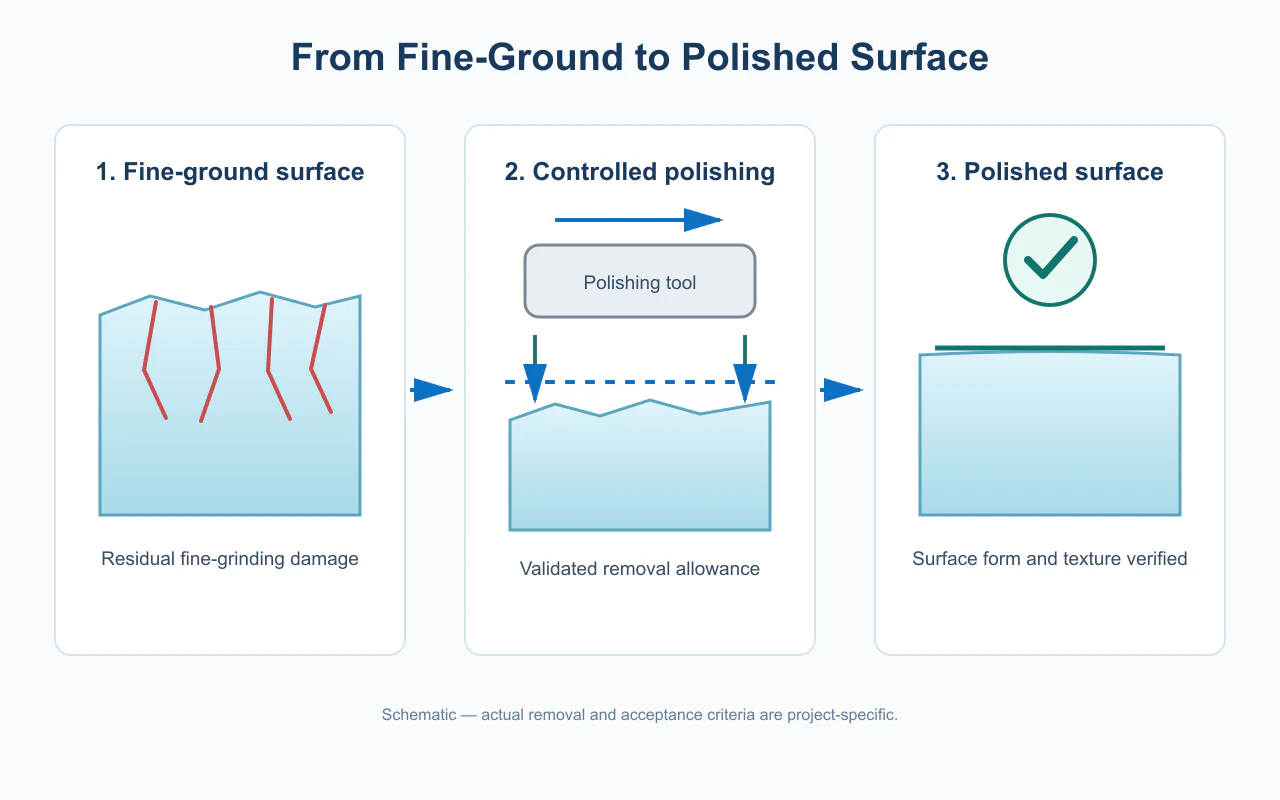 Three-stage diagram from a fine-ground glass surface through controlled polishing to a verified polished surface