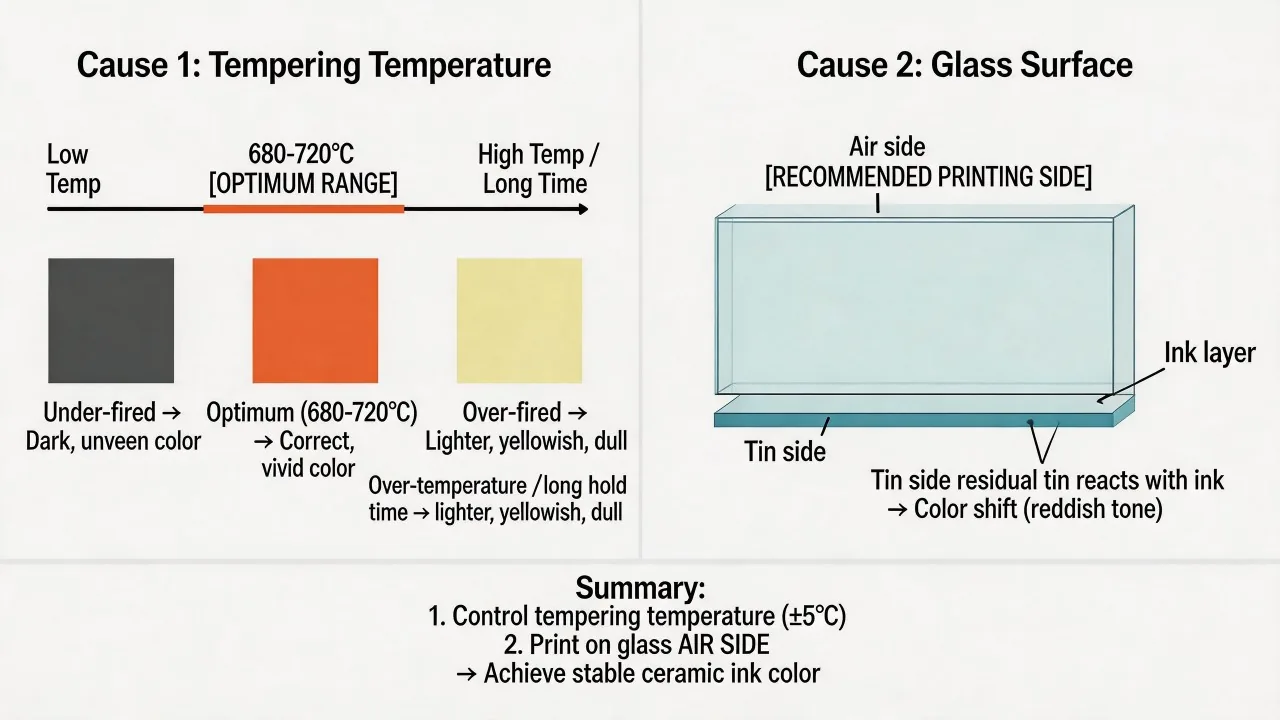 Ceramic-enamel color can change through pigment–glass interaction and actual thermal history.