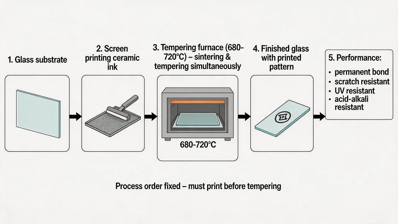 Ceramic-enamel printing normally precedes the qualified firing or tempering sequence.